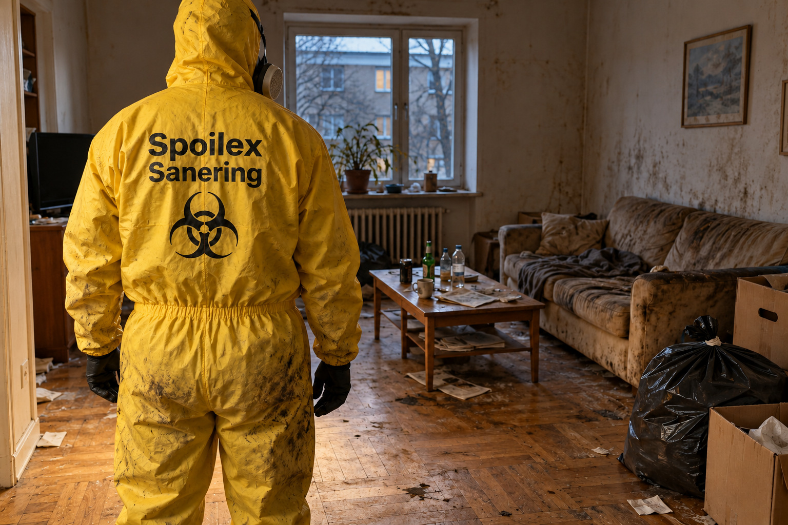 Saneringstekniker i gul skyddsoverall i ett smutsigt bostadsrum